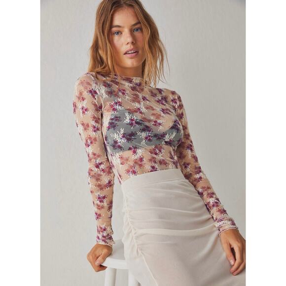 NWT Free People Lady Lux Ivory Combo Sheer Mesh Printed Layering Top - Picture 1 of 9